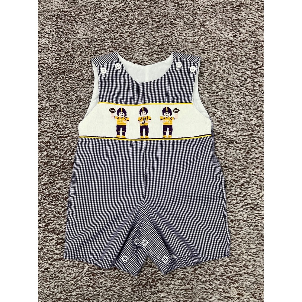 Krewe LSU Colors Baby Boy Purple Gold White Gingham Smocked Football Jon Jon 3M